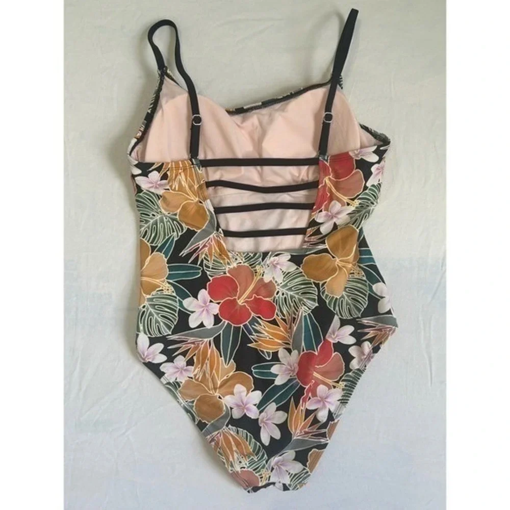 Hurley Womens XXL Tropical Floral Strappy Back‎ One Piece Swimsuit Black Multi